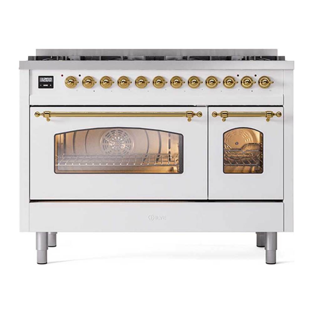 Ilve UP488NMPWHG Ilve Up488Nmpwhg Nostalgie Ii 48 Inch Dual Fuel Range With 8 Total Black Brass Sealed Burners, Brass Trim (Limited Edition) (Natural Gas, White)