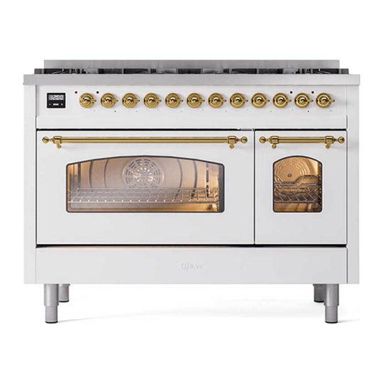 Ilve UP488NMPWHG Ilve Up488Nmpwhg Nostalgie Ii 48 Inch Dual Fuel Range With 8 Total Black Brass Sealed Burners, Brass Trim (Limited Edition) (Natural Gas, White)