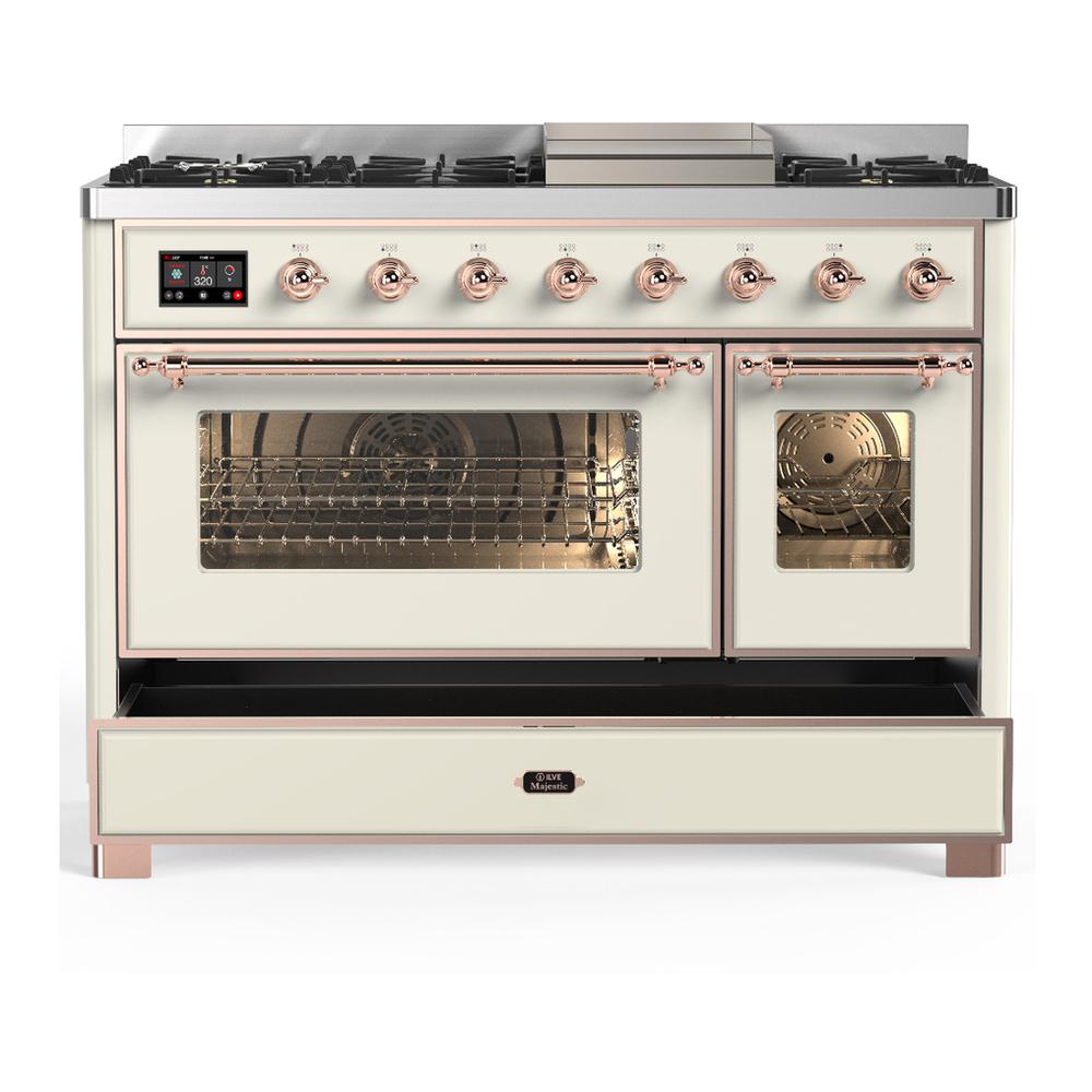 Ilve UM48FNR3AWP Ilve Um48Fnr3Awp Majestic Iii 48 Inch Dual Fuel Range With 8 Burners And Griddle, Dual Function Burner Up To 25,000 Btu (Natural Gas, Triple Glass Door, Antique White, Copper)