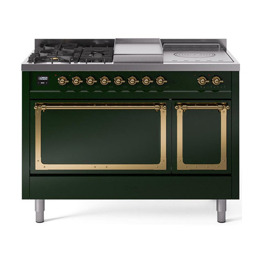 Ilve UN48FSQNMPEGG Ilve Un48Fsqnmpegg Nostalgie Ii Noblesse 48" Dual Fuel Range (5 Sealed Burners + Griddle + French Top, Natural Gas, Solid Door, Emerald Green, Brass)