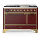 Ilve UM48FQNR3BUG Ilve Um48Fqnr3Bug Majestic Iii 48 Inch Dual Fuel Range With 8 Burners And Griddle, Dual Function Burner Up To 25,000 Btu (Natural Gas, Solid Door, Burgundy, Brass)