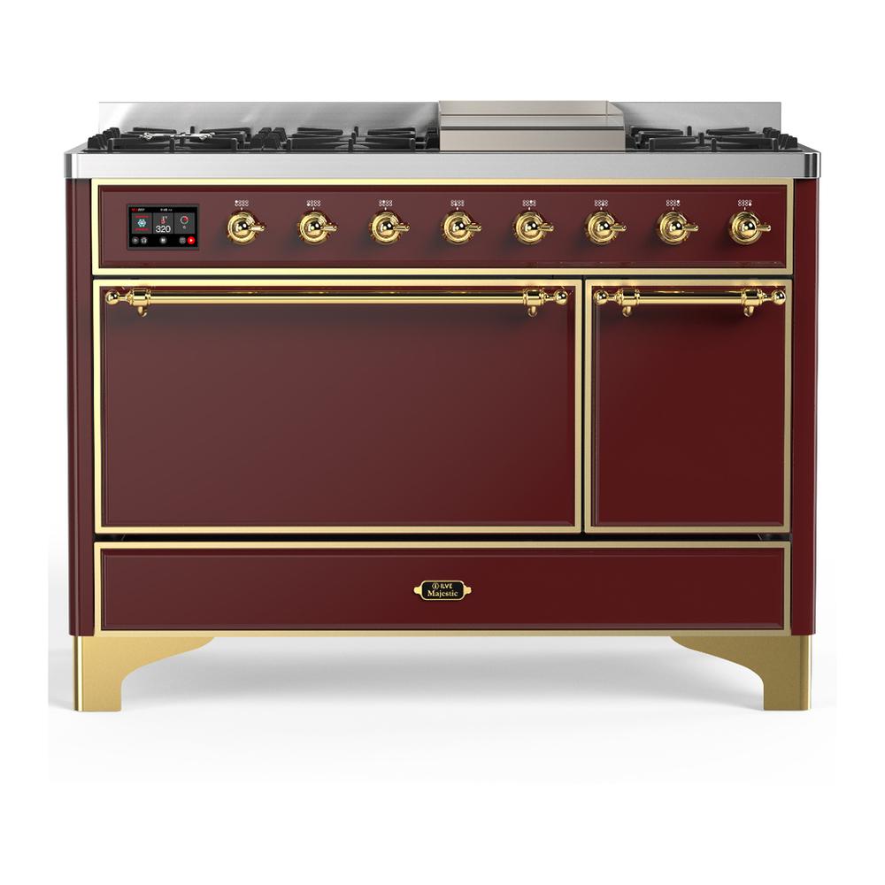 Ilve UM48FQNR3BUG Ilve Um48Fqnr3Bug Majestic Iii 48 Inch Dual Fuel Range With 8 Burners And Griddle, Dual Function Burner Up To 25,000 Btu (Natural Gas, Solid Door, Burgundy, Brass)