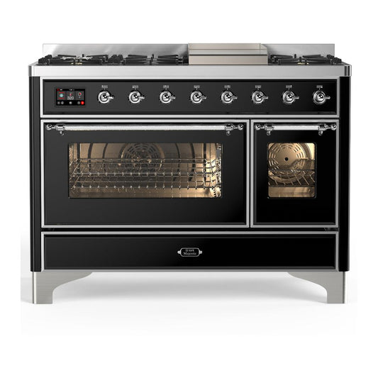 Ilve UM48FNR3BKCLP Ilve Um48Fnr3Bkclp Majestic Iii 48 Inch Dual Fuel Range With 8 Burners And Griddle, Dual Function Burner Up To 25,000 Btu (Liquid Propane, Triple Glass Door, Glossy Black, Chrome)