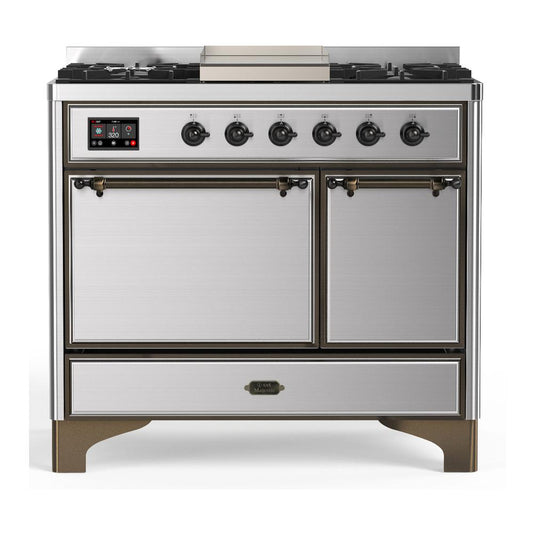 Ilve UMD40FQNR3SSB Ilve Umd40Fqnr3Ssb Majestic Iii 40 Inch Dual Fuel Range With 6 Burners And Griddle, Dual Function Burner Up To 25,000 Btu (Natural Gas, Solid Door, Stainless Steel, Burnished)