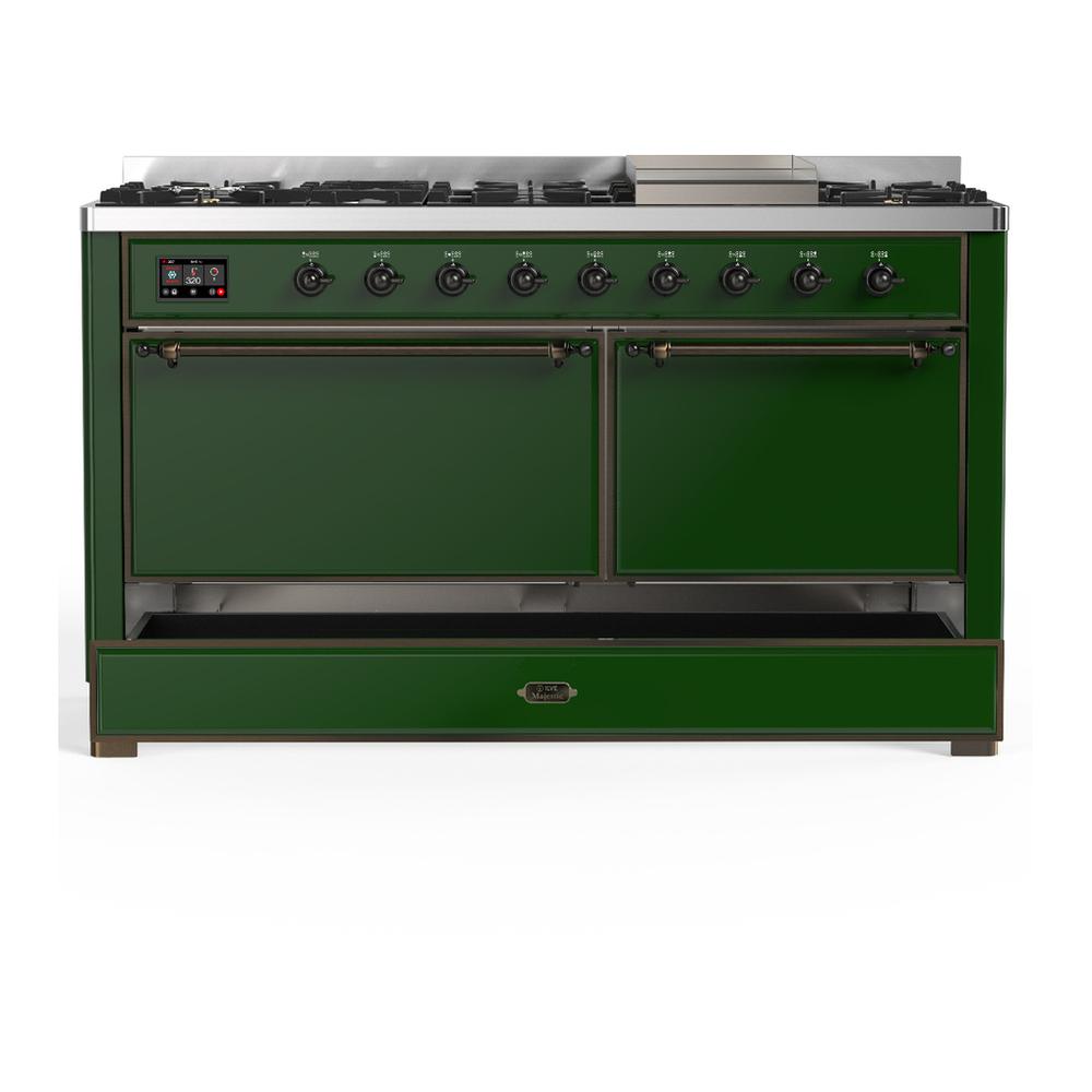 Ilve UM60FQNR3EGB Ilve Um60Fqnr3Egb Majestic Iii 60 Inch Dual Fuel Range With 9 Burners And Griddle, Dual Function Burner Up To 25,000 Btu (Natural Gas, Solid Door, Emerald Green, Burnished)
