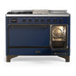 Ilve UM48FSQNR3MBB Ilve Um48Fsqnr3Mbb Majestic Iii 48 Inch Dual Fuel Range With 5 Black Brass Burners, Griddle And French Top, Dual Function Burner Up To 25,000 Btu (Natural Gas, Solid Door, Midnight Blue, Burnished)