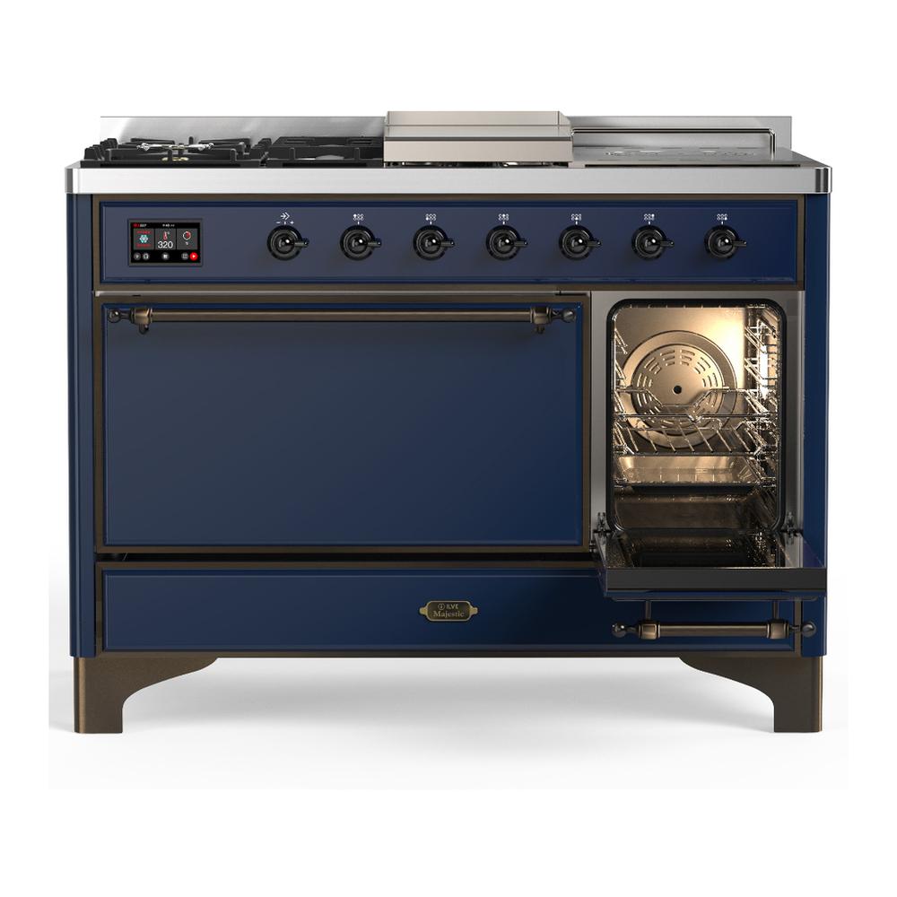 Ilve UM48FSQNR3MBB Ilve Um48Fsqnr3Mbb Majestic Iii 48 Inch Dual Fuel Range With 5 Black Brass Burners, Griddle And French Top, Dual Function Burner Up To 25,000 Btu (Natural Gas, Solid Door, Midnight Blue, Burnished)