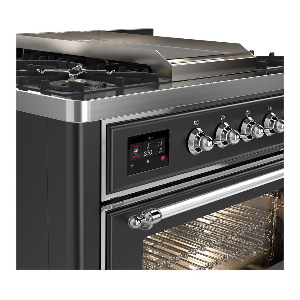Ilve UM36FNR3MGC Ilve Um36Fnr3Mgc Majestic Iii 36 Inch Dual Fuel Range With 6 Black Brass Burners And Griddle, Dual Function Burner Up To 25,000 Btu (Triple Glass Door, Graphite Matte, Chrome, Natural Gas)