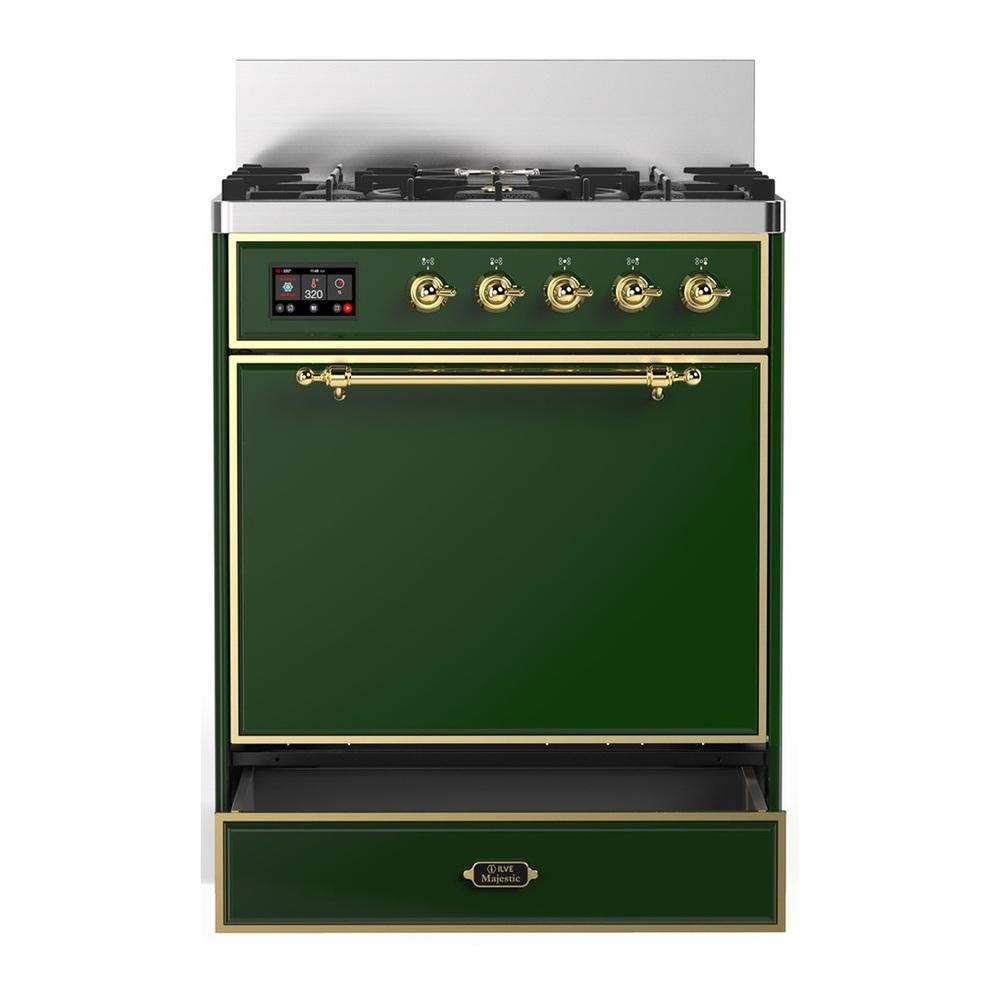 Ilve UM30QNR3EGG Ilve Um30Qnr3Egg Majestic Iii 30 Inch Dual Fuel Range With 5 Black Brass Burners, Dual Function Burner Up To 25,000 Btu (Natural Gas, Solid Door, Emerald Green, Brass)