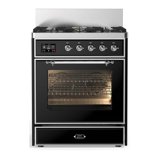 Ilve UM30NR3BKCLP Ilve Um30Nr3Bkclp Majestic Iii 30 Inch Dual Fuel Range With 5 Black Brass Burners, Dual Function Burner Up To 25,000 Btu (Liquid Propane, Triple Glass Door, Glossy Black, Chrome)