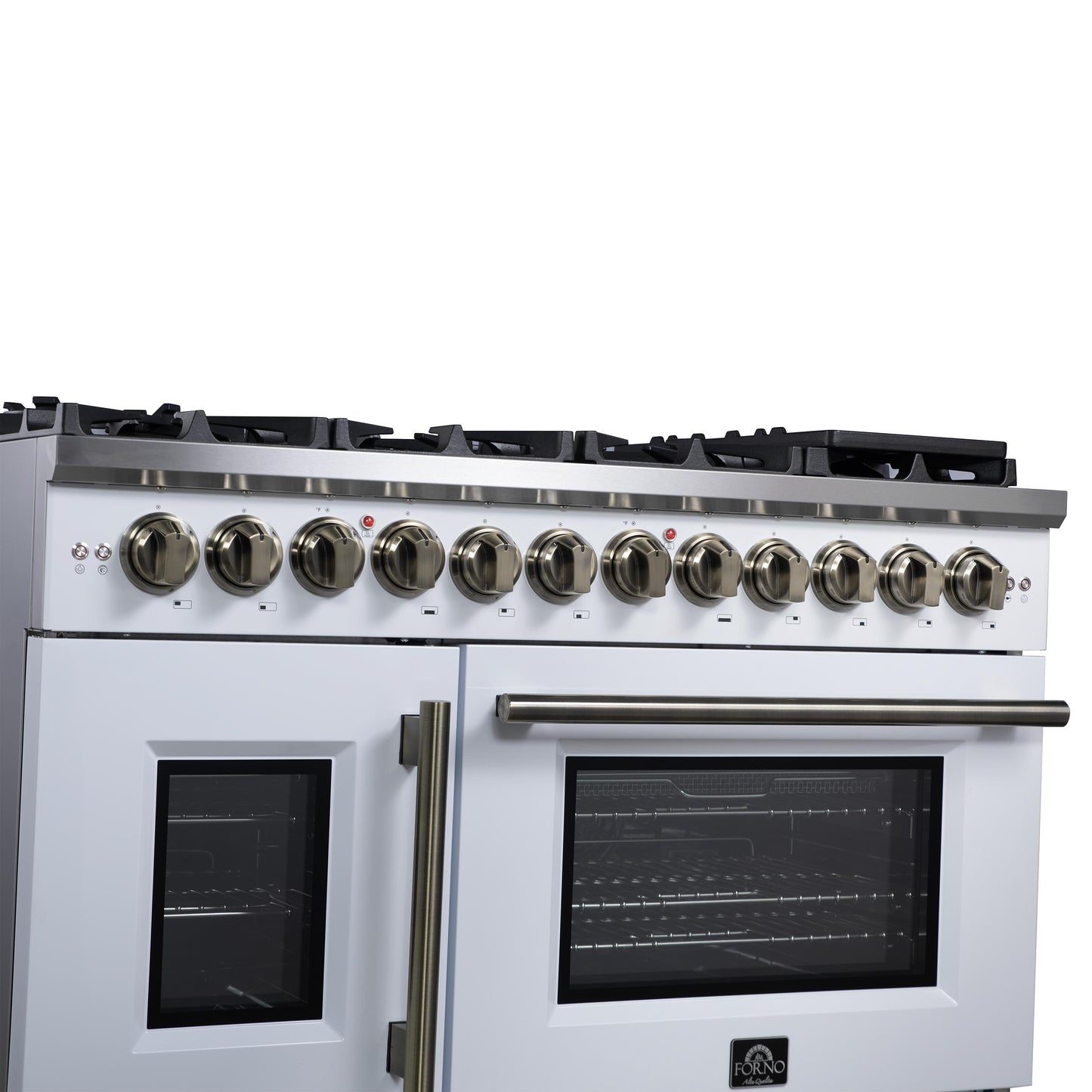 Forno FFSGS638748WHT Forno Capriasca 48 Inch Freestanding French Door Dual Fuel Range In White With Antique Brass Accessories, 8 Burners, True Convection Oven
