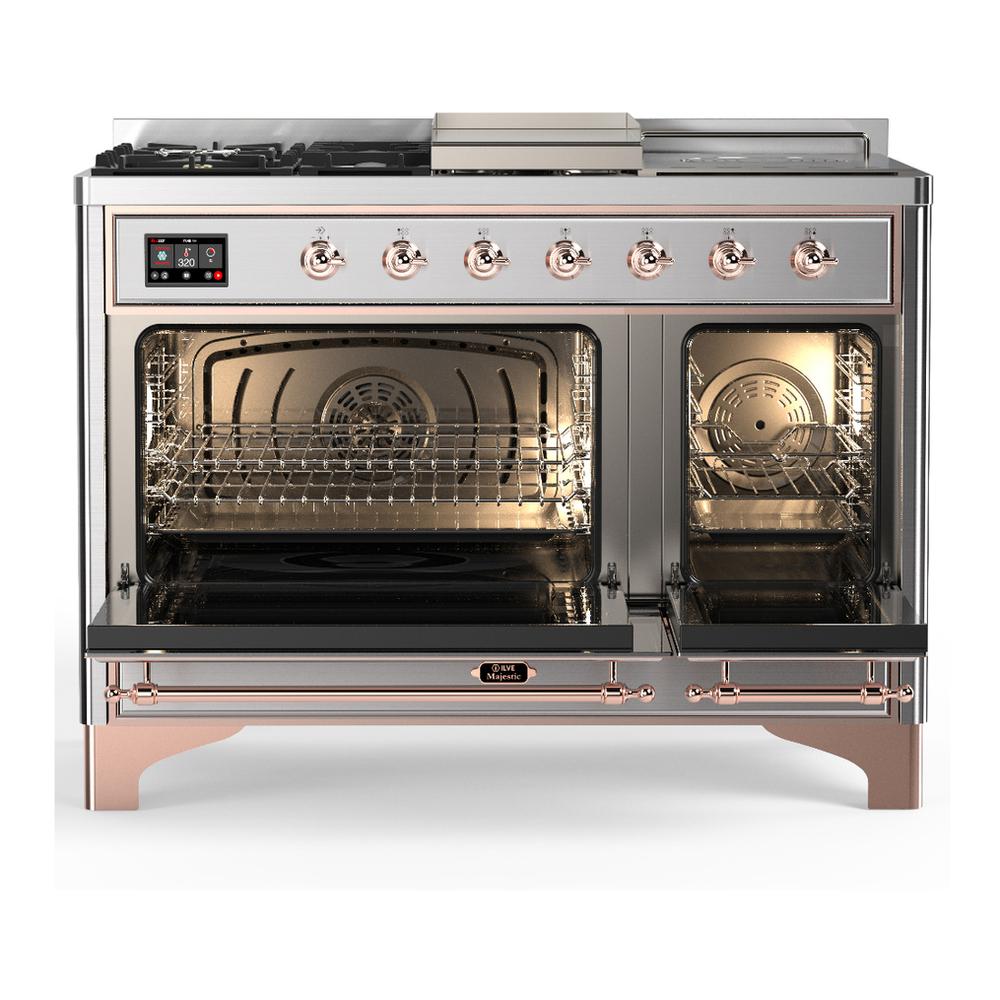 Ilve UM48FSNR3SSP Ilve Um48Fsnr3Ssp Majestic Iii 48 Inch Dual Fuel Range With 5 Black Brass Burners, Griddle And French Top, Dual Function Burner Up To 25,000 Btu (Natural Gas, Triple Glass Door, Stainless Steel, Copper)