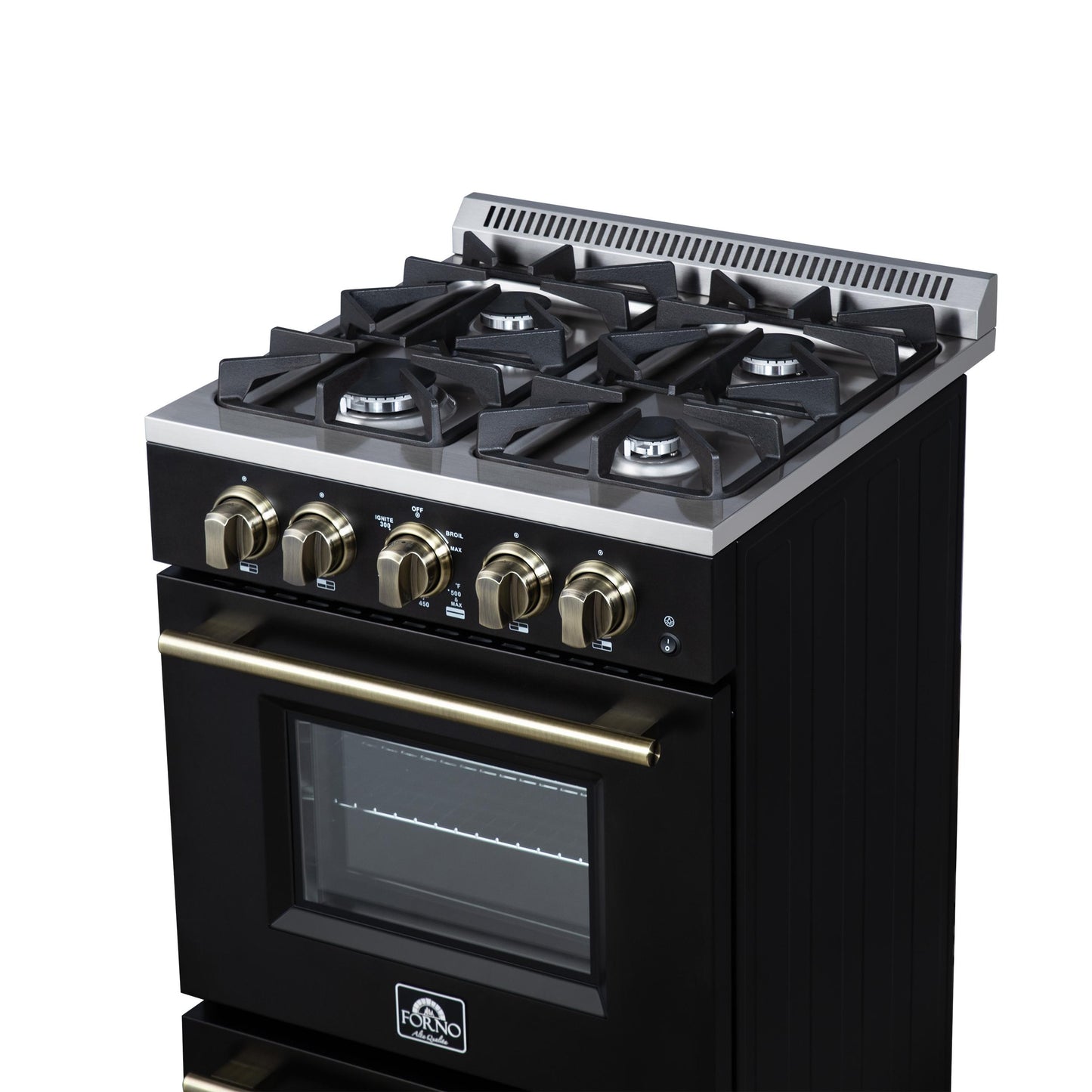 Forno FFSGS627224BLK Forno Breno 24 Inch Freestanding Gas Range In Black With Antique Brass, Compact Design