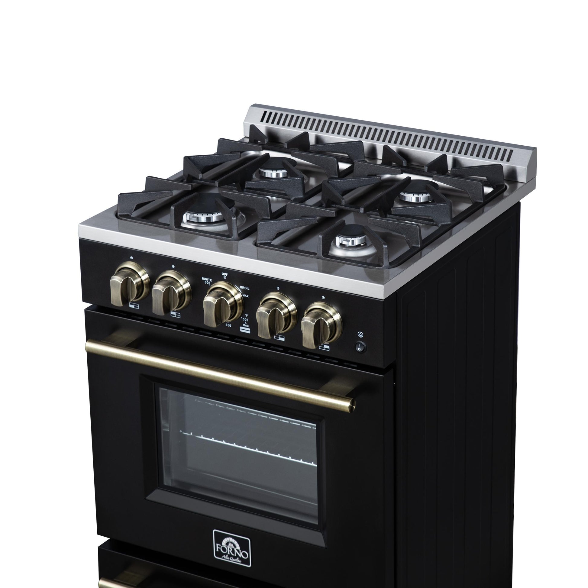 Forno FFSGS627224BLK Forno Breno 24 Inch Freestanding Gas Range In Black With Antique Brass, Compact Design