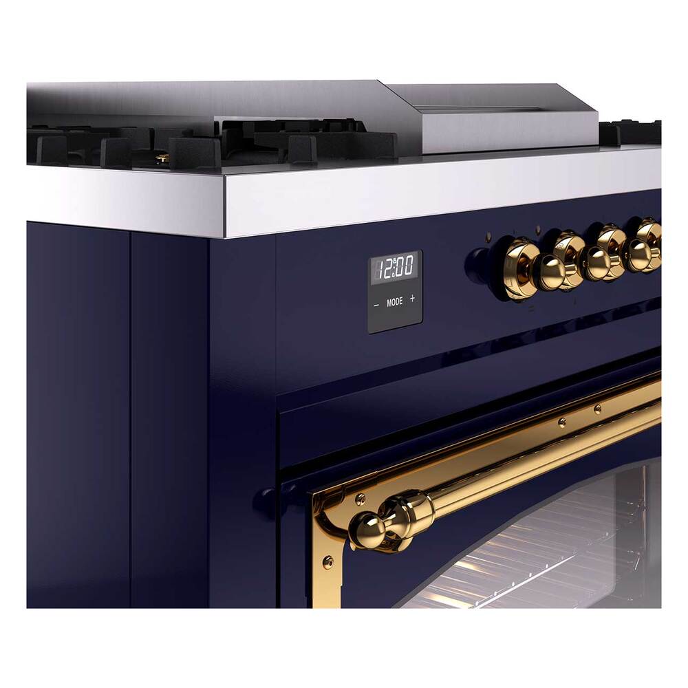 Ilve UN60FSNMPMBG Ilve Un60Fsnmpmbg Nostalgie Ii Noblesse 60" Dual Fuel Range (7 Sealed Burners + Griddle + French Top, Natural Gas, Triple Glass Door, Midnight Blue, Brass)