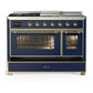 Ilve UM48FSNR3MBGLP Ilve Um48Fsnr3Mbglp Majestic Iii 48 Inch Dual Fuel Range With 5 Black Brass Burners, Griddle And French Top, Dual Function Burner Up To 25,000 Btu (Liquid Propane, Triple Glass Door, Midnight Blue, Brass)