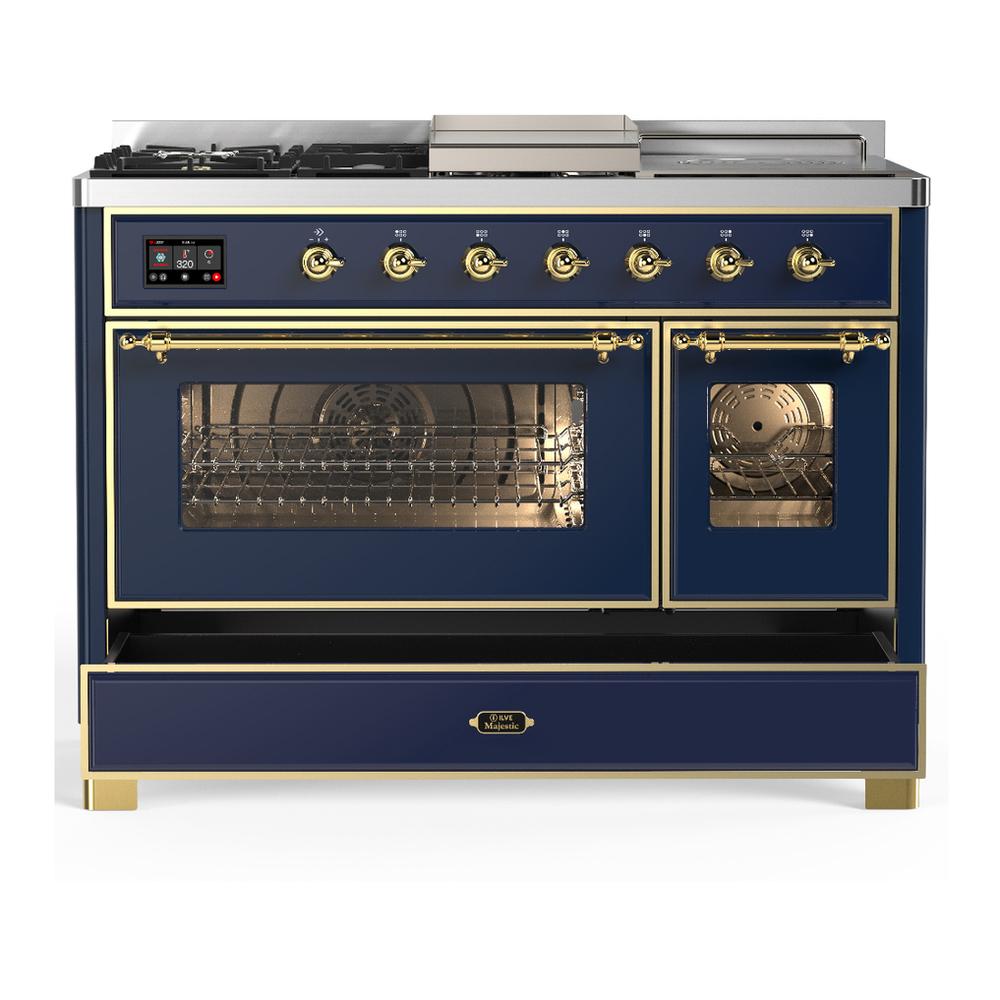 Ilve UM48FSNR3MBGLP Ilve Um48Fsnr3Mbglp Majestic Iii 48 Inch Dual Fuel Range With 5 Black Brass Burners, Griddle And French Top, Dual Function Burner Up To 25,000 Btu (Liquid Propane, Triple Glass Door, Midnight Blue, Brass)