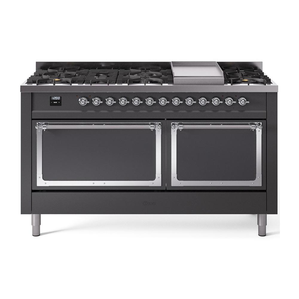 Ilve UN60FQNMPMGC Ilve Un60Fqnmpmgc Nostalgie Ii Noblesse 60" Dual Fuel Range (9 Sealed Burners + Griddle, Natural Gas, Solid Door, Graphite Matte, Chrome)