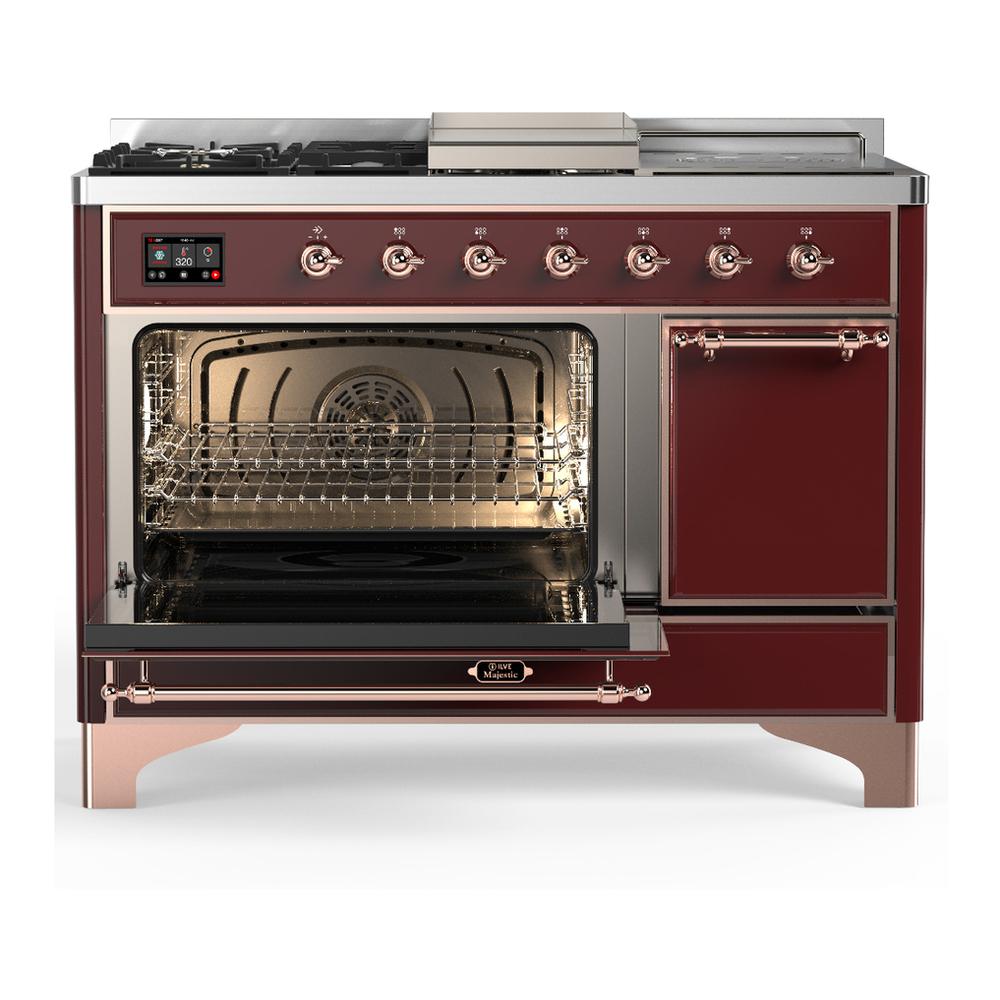 Ilve UM48FSQNR3BUPLP Ilve Um48Fsqnr3Buplp Majestic Iii 48 Inch Dual Fuel Range With 5 Black Brass Burners, Griddle And French Top, Dual Function Burner Up To 25,000 Btu (Liquid Propane, Solid Door, Burgundy, Copper)