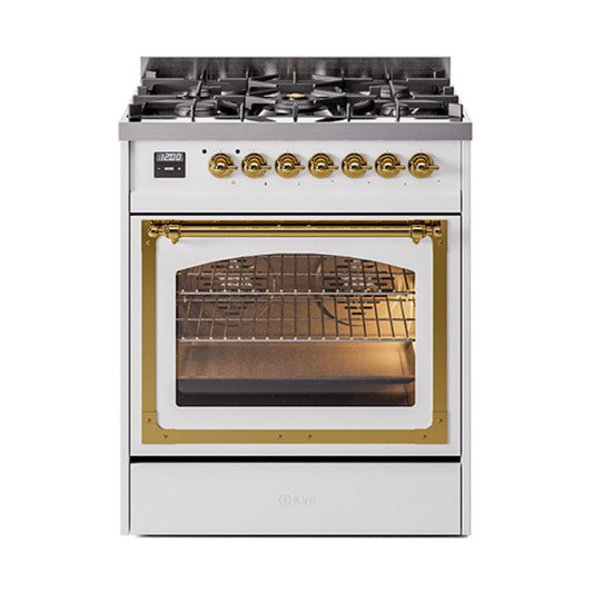 Ilve UN30NMPWHG Ilve Un30Nmpwhg Nostalgie Ii Noblesse 30" Dual Fuel Range (Natural Gas, Triple Glass Door, White, Brass)