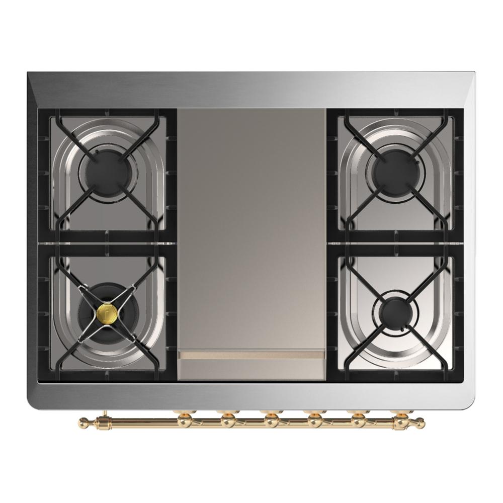Ilve UM36FNR3MBG Ilve Um36Fnr3Mbg Majestic Iii 36 Inch Dual Fuel Range With 6 Black Brass Burners And Griddle, Dual Function Burner Up To 25,000 Btu (Triple Glass Door, Midnight Blue, Brass, Natural Gas)