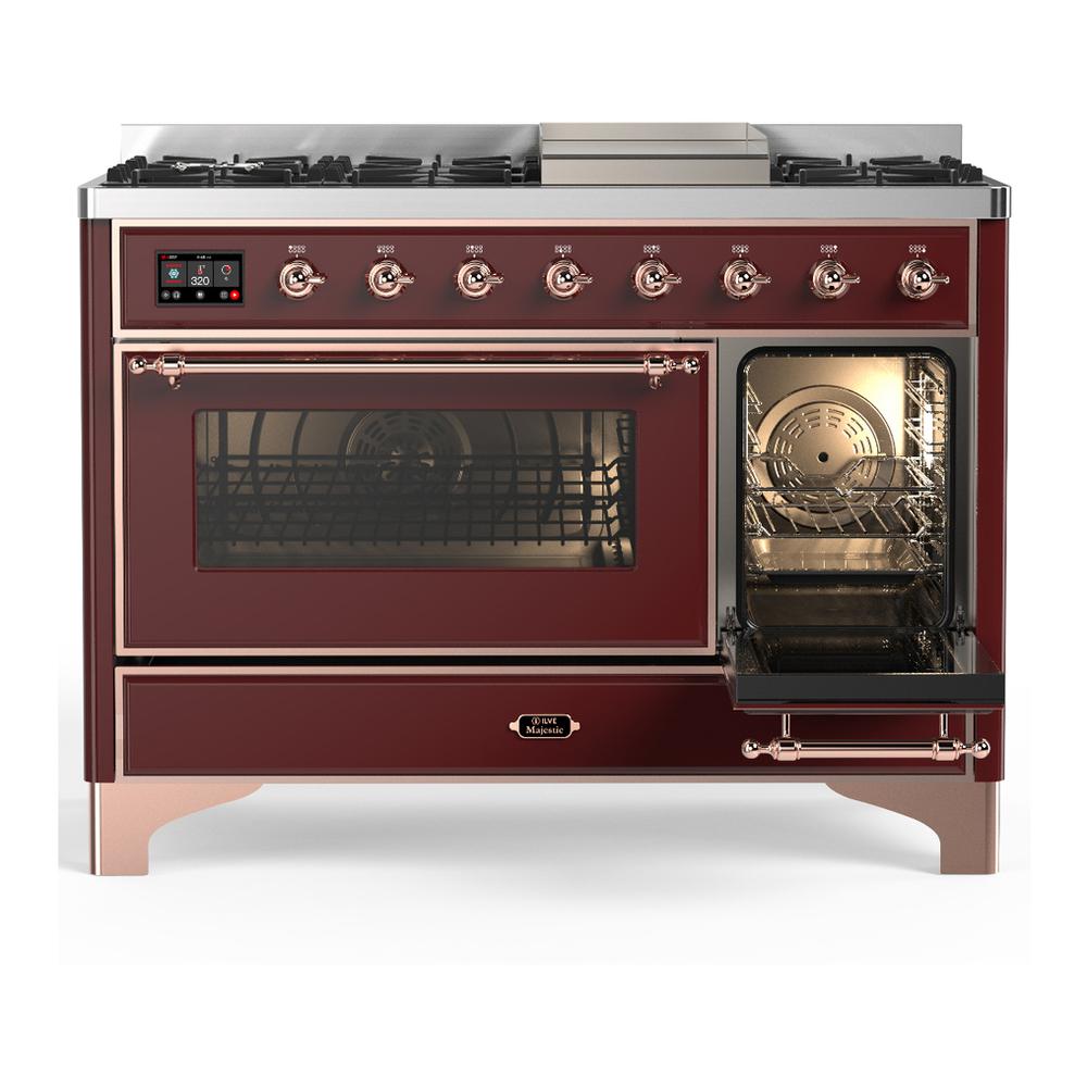 Ilve UM48FNR3BUP Ilve Um48Fnr3Bup Majestic Iii 48 Inch Dual Fuel Range With 8 Burners And Griddle, Dual Function Burner Up To 25,000 Btu (Natural Gas, Triple Glass Door, Burgundy, Copper)