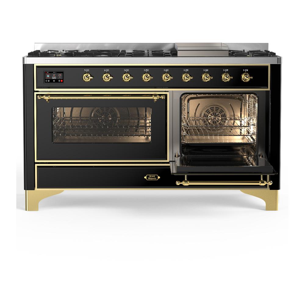 Ilve UM60FNR3BKGLP Ilve Um60Fnr3Bkglp Majestic Iii 60 Inch Dual Fuel Range With 9 Burners And Griddle, Dual Function Burner Up To 25,000 Btu (Liquid Propane, Triple Glass Door, Glossy Black, Brass)