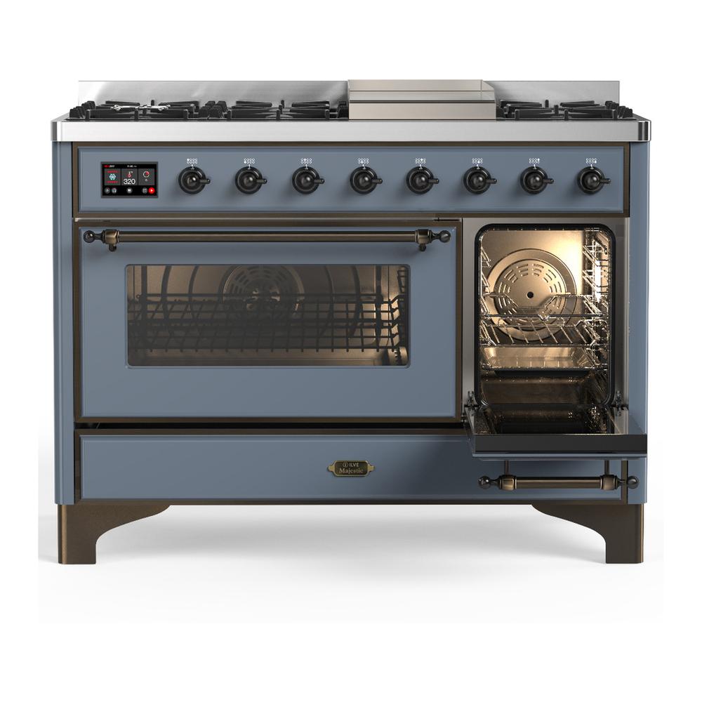 Ilve UM48FNR3BGBLP Ilve Um48Fnr3Bgblp Majestic Iii 48 Inch Dual Fuel Range With 8 Burners And Griddle, Dual Function Burner Up To 25,000 Btu (Liquid Propane, Triple Glass Door, Blue Grey, Burnished)
