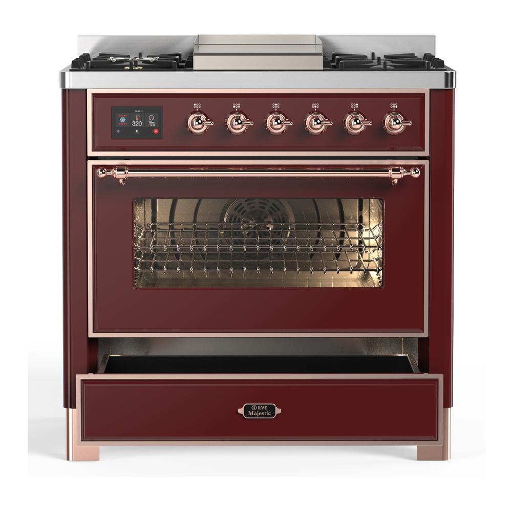 Ilve UM36FNR3BUP Ilve Um36Fnr3Bup Majestic Iii 36 Inch Dual Fuel Range With 6 Black Brass Burners And Griddle, Dual Function Burner Up To 25,000 Btu (Triple Glass Door, Burgundy, Copper, Natural Gas)