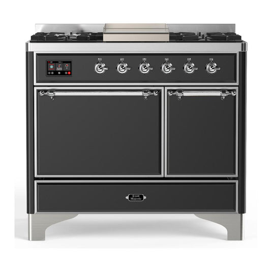 Ilve UMD40FQNR3MGCLP Ilve Umd40Fqnr3Mgclp Majestic Iii 40 Inch Dual Fuel Range With 6 Burners And Griddle, Dual Function Burner Up To 25,000 Btu (Liquid Propane, Solid Door, Graphite Matte, Chrome)