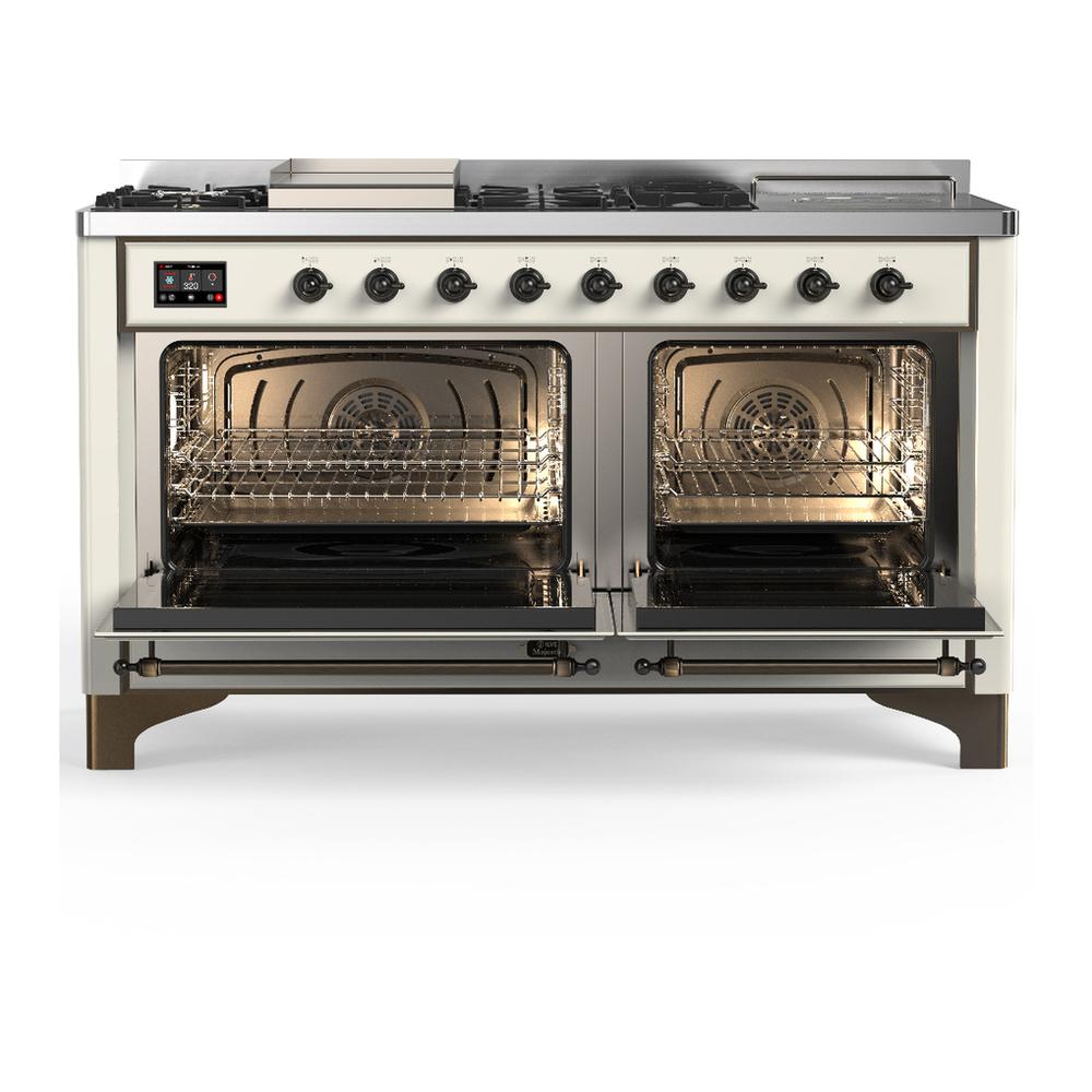 Ilve UM60FSNR3AWBLP Ilve Um60Fsnr3Awblp Majestic Iii 60 Inch Dual Fuel Range With 7 Burners, Griddle And French Top, Dual Function Burner With Up To 25,000 Btu (Liquid Propane, Triple Glass Door, Antique White, Burnished)