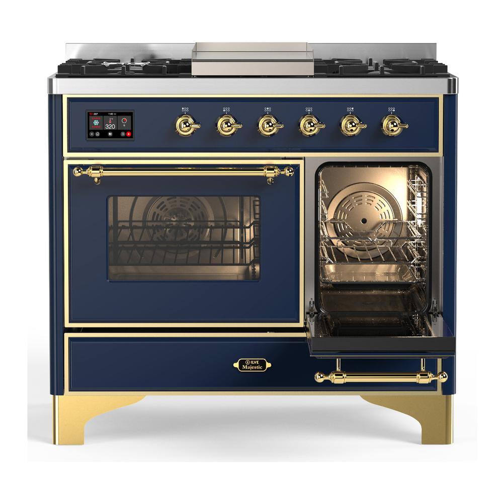 Ilve UMD40FNR3MBGLP Ilve Umd40Fnr3Mbglp Majestic Iii 40 Inch Dual Fuel Range With 6 Burners And Griddle, Dual Function Burner Up To 25,000 Btu (Liquid Propane, Triple Glass Door, Midnight Blue, Brass)