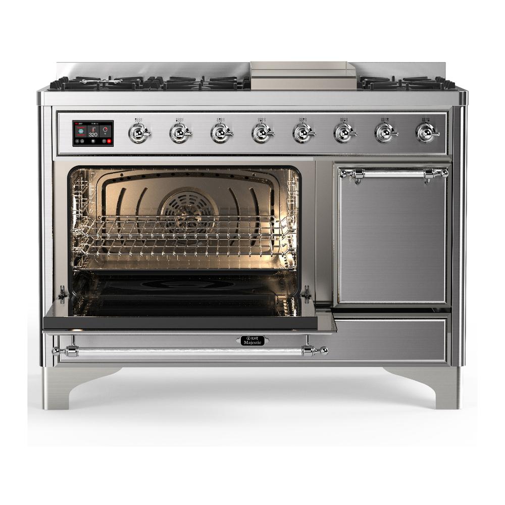 Ilve UM48FQNR3SSC Ilve Um48Fqnr3Ssc Majestic Iii 48 Inch Dual Fuel Range With 8 Burners And Griddle, Dual Function Burner Up To 25,000 Btu (Natural Gas, Solid Door, Stainless Steel, Chrome)
