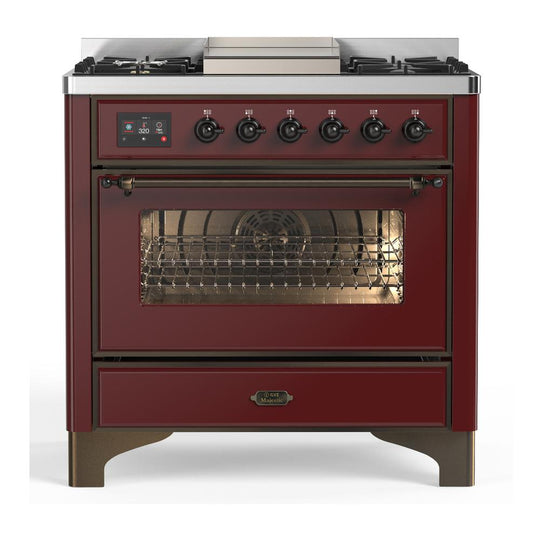 Ilve UM36FNR3BUBLP Ilve Um36Fnr3Bublp Majestic Iii 36 Inch Dual Fuel Range With 6 Black Brass Burners And Griddle, Dual Function Burner Up To 25,000 Btu (Triple Glass Door, Burgundy, Burnished, Liquid Propane)