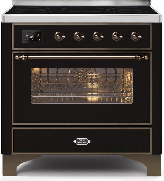 Ilve UMI09NS3BKB Majestic Ii 36 Inch Electric Freestanding Range In Glossy Black With Bronze Trim
