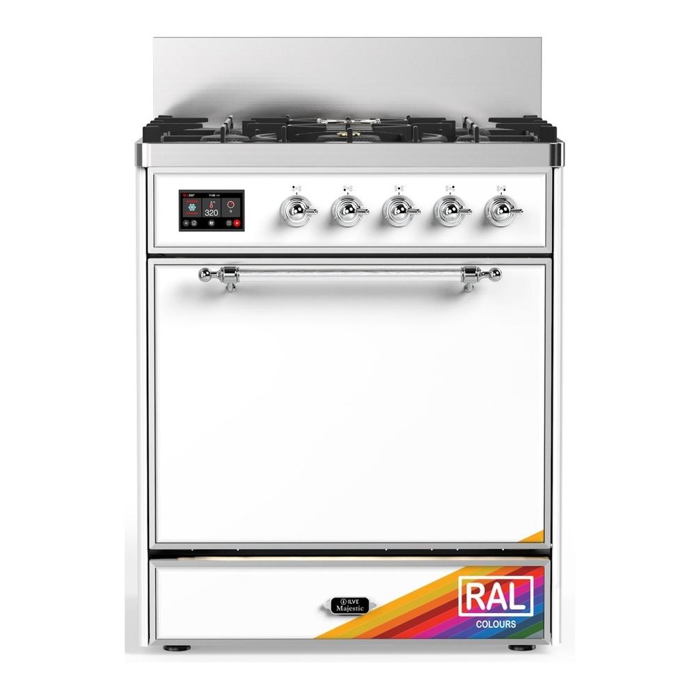 Ilve UM30QNR3RAC Ilve Um30Qnr3Rac Majestic Iii 30 Inch Dual Fuel Range With 5 Black Brass Burners, Dual Function Burner Up To 25,000 Btu (Natural Gas, Solid Door, Ral, Chrome)