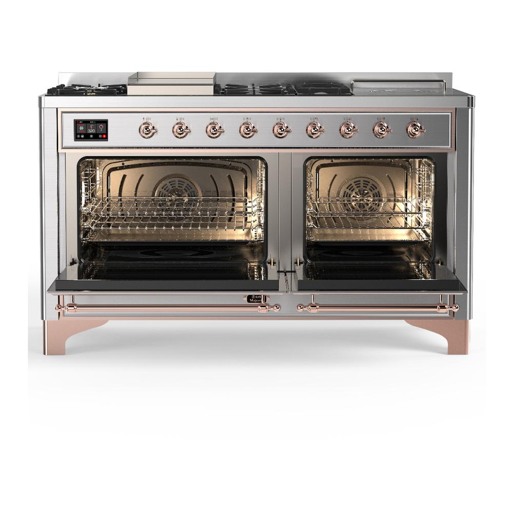 Ilve UM60FSQNR3SSP Ilve Um60Fsqnr3Ssp Majestic Iii 60 Inch Dual Fuel Range With 7 Burners, Griddle And French Top, Dual Function Burner With Up To 25,000 Btu (Natural Gas, Solid Door, Stainless Steel, Copper)