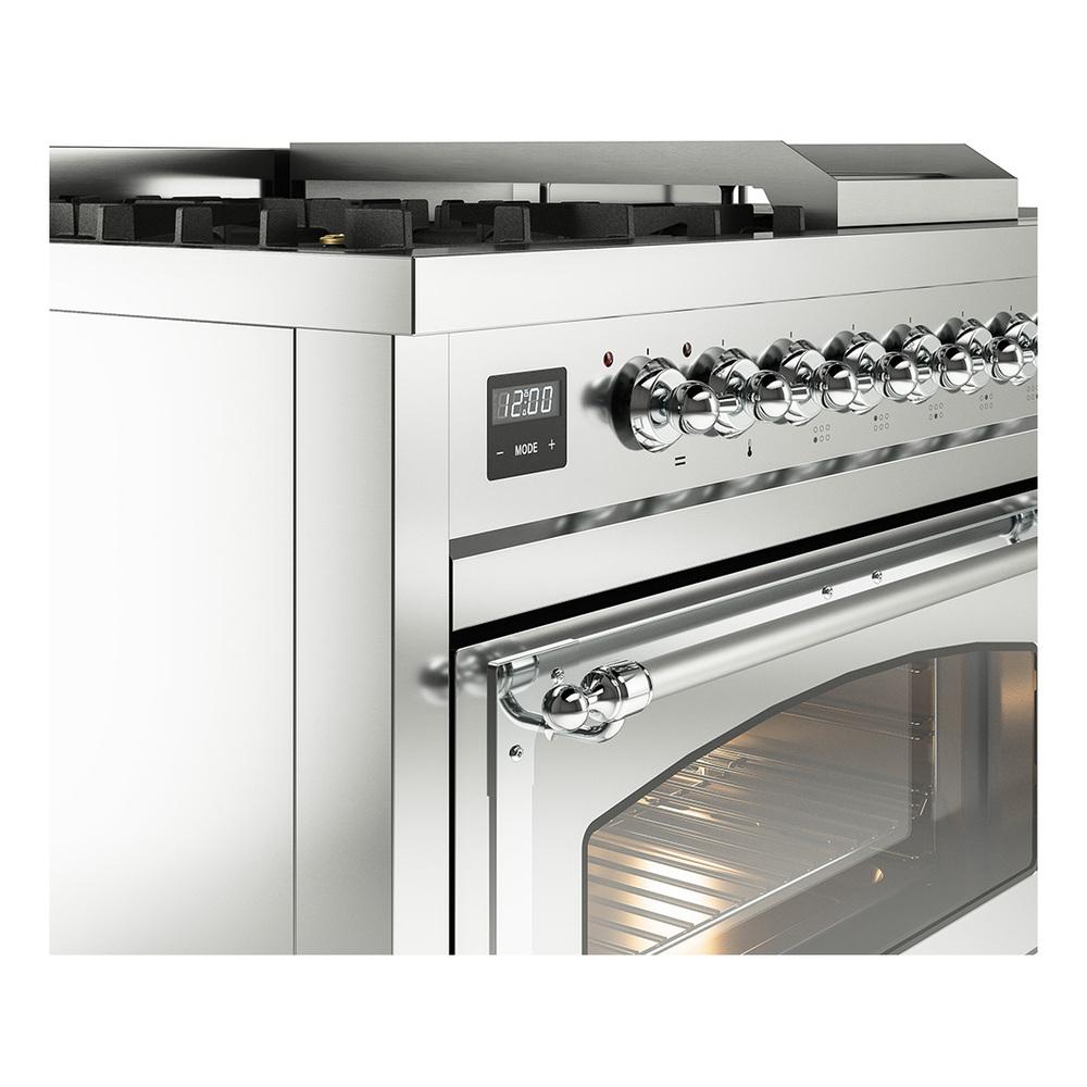 Ilve UN48FSNMPSSCLP Ilve Un48Fsnmpssclp Nostalgie Ii Noblesse 48" Dual Fuel Range (5 Sealed Burners + Griddle + French Top, Liquid Propane, Triple Glass Door, Stainless Steel, Chrome)