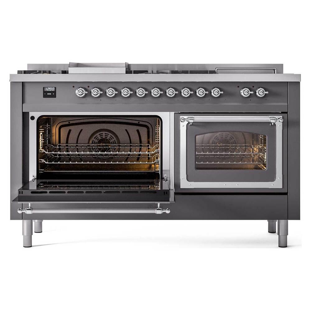 Ilve UN60FSNMPMGC Ilve Un60Fsnmpmgc Nostalgie Ii Noblesse 60" Dual Fuel Range (7 Sealed Burners + Griddle + French Top, Natural Gas, Triple Glass Door, Graphite Matte, Chrome)