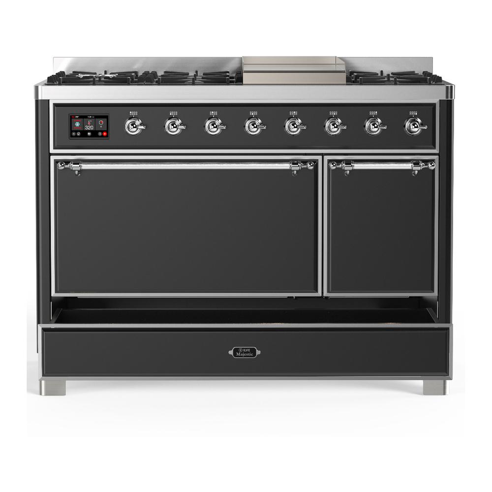 Ilve UM48FQNR3MGCLP Ilve Um48Fqnr3Mgclp Majestic Iii 48 Inch Dual Fuel Range With 8 Burners And Griddle, Dual Function Burner Up To 25,000 Btu (Liquid Propane, Solid Door, Graphite Matte, Chrome)
