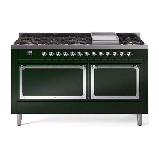 Ilve UN60FQNMPEGC Ilve Un60Fqnmpegc Nostalgie Ii Noblesse 60" Dual Fuel Range (9 Sealed Burners + Griddle, Natural Gas, Solid Door, Emerald Green, Chrome)