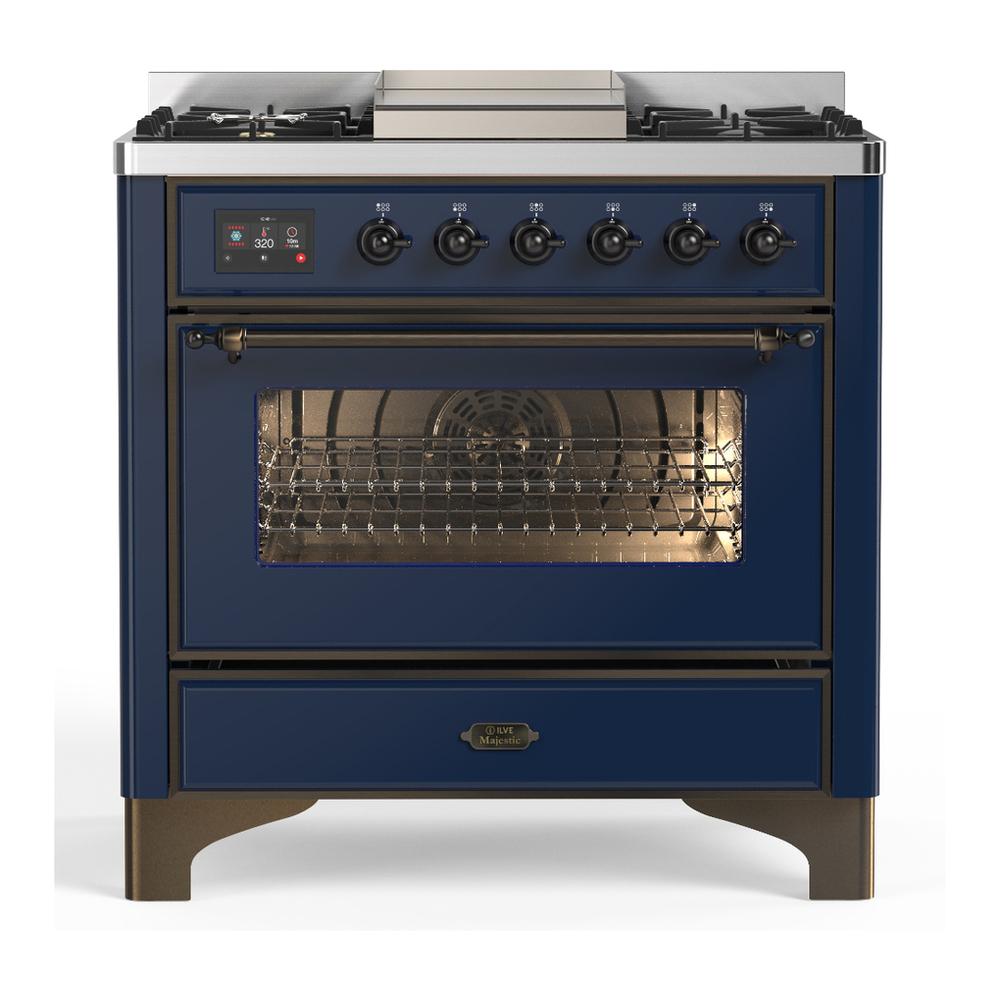 Ilve UM36FNR3MBB Ilve Um36Fnr3Mbb Majestic Iii 36 Inch Dual Fuel Range With 6 Black Brass Burners And Griddle, Dual Function Burner Up To 25,000 Btu (Triple Glass Door, Midnight Blue, Burnished, Natural Gas)