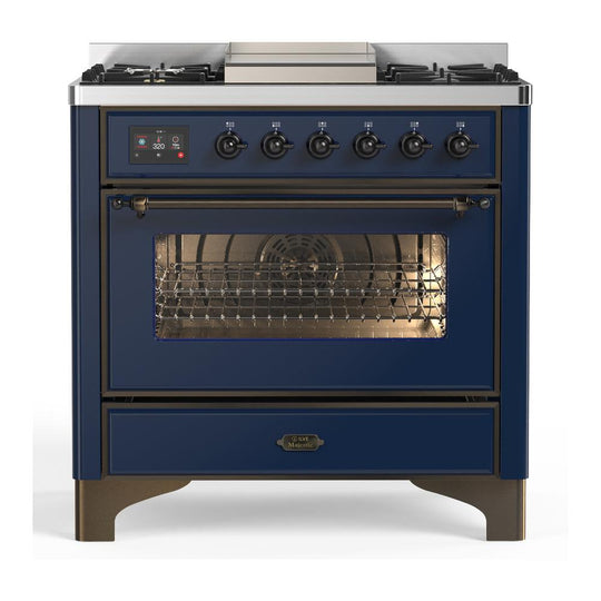 Ilve UM36FNR3MBB Ilve Um36Fnr3Mbb Majestic Iii 36 Inch Dual Fuel Range With 6 Black Brass Burners And Griddle, Dual Function Burner Up To 25,000 Btu (Triple Glass Door, Midnight Blue, Burnished, Natural Gas)