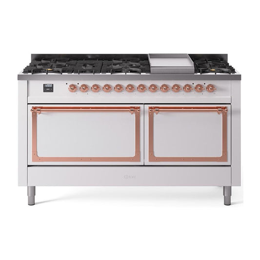 Ilve UN60FQNMPWHPLP Ilve Un60Fqnmpwhplp Nostalgie Ii Noblesse 60" Dual Fuel Range (9 Sealed Burners + Griddle, Liquid Propane, Solid Door, White, Copper)