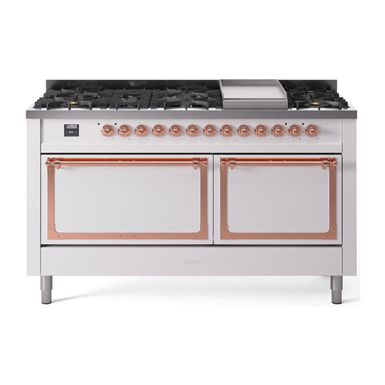 Ilve UN60FQNMPWHPLP Ilve Un60Fqnmpwhplp Nostalgie Ii Noblesse 60" Dual Fuel Range (9 Sealed Burners + Griddle, Liquid Propane, Solid Door, White, Copper)