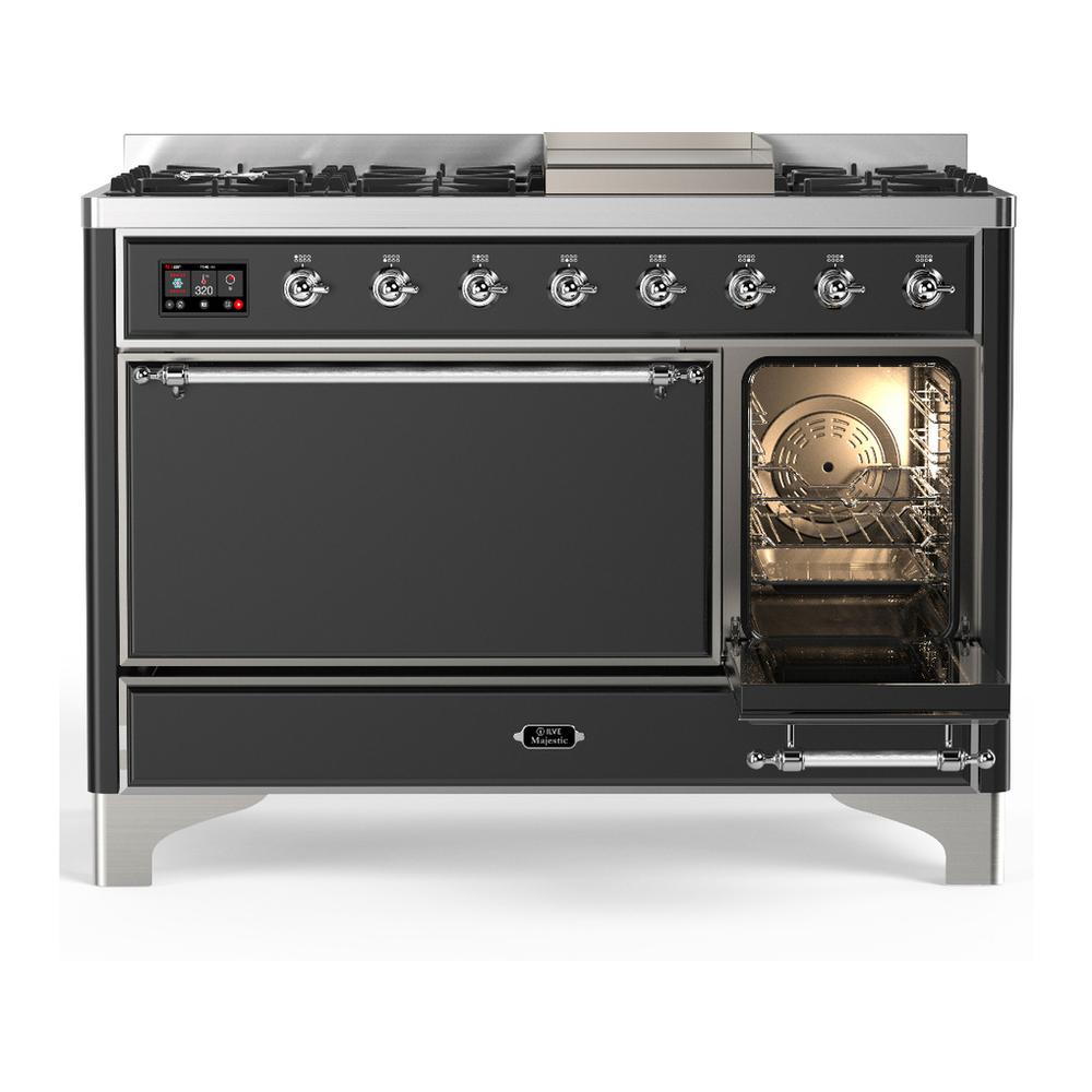 Ilve UM48FQNR3MGC Ilve Um48Fqnr3Mgc Majestic Iii 48 Inch Dual Fuel Range With 8 Burners And Griddle, Dual Function Burner Up To 25,000 Btu (Natural Gas, Solid Door, Graphite Matte, Chrome)