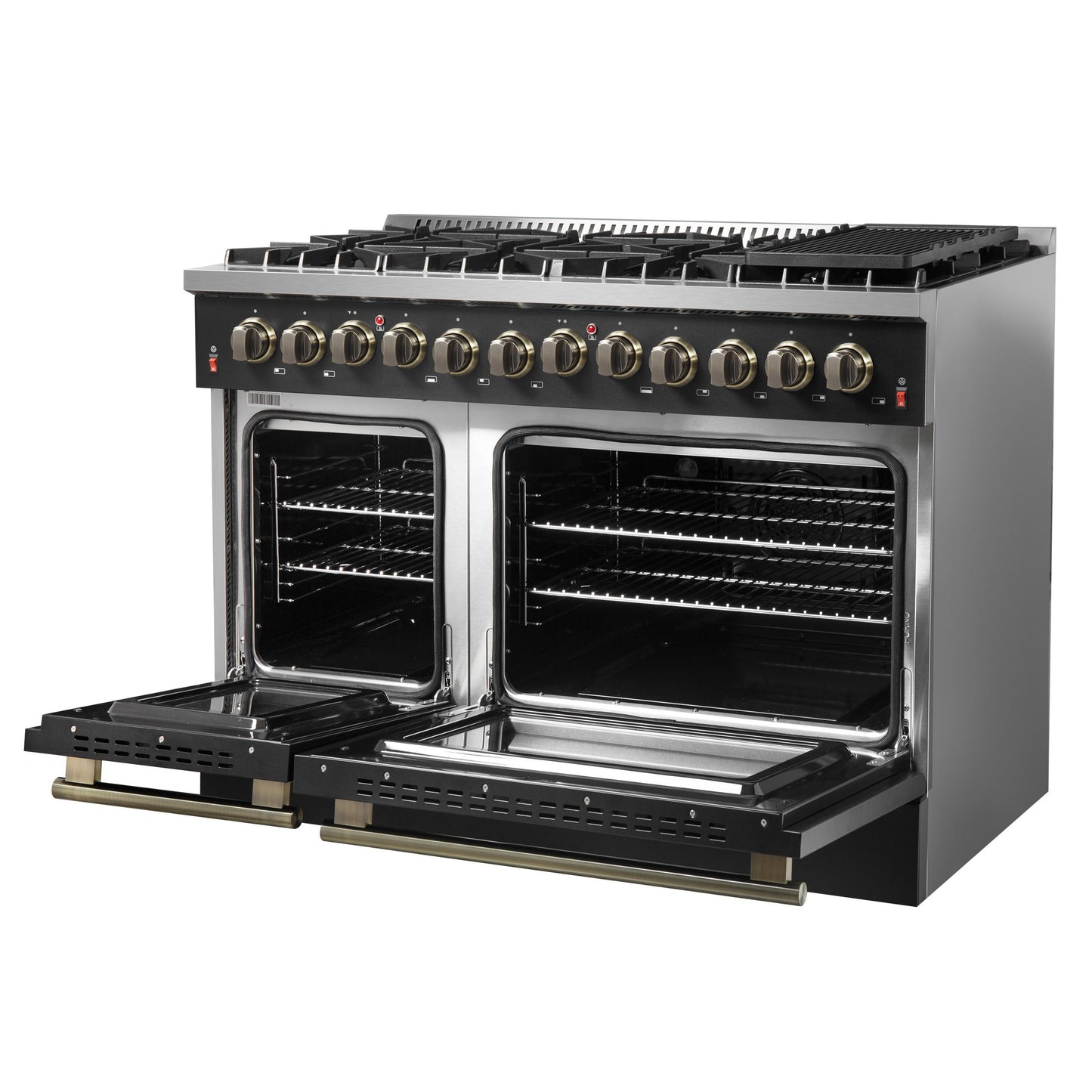 Forno FFSGS615648BLK Galiano 48-Inch Dual Fuel Range Black & Antique Brass Design With 8 Sealed Burners 107,000 Btu, 6.58 Cu. Ft. Double Ovens & Griddle