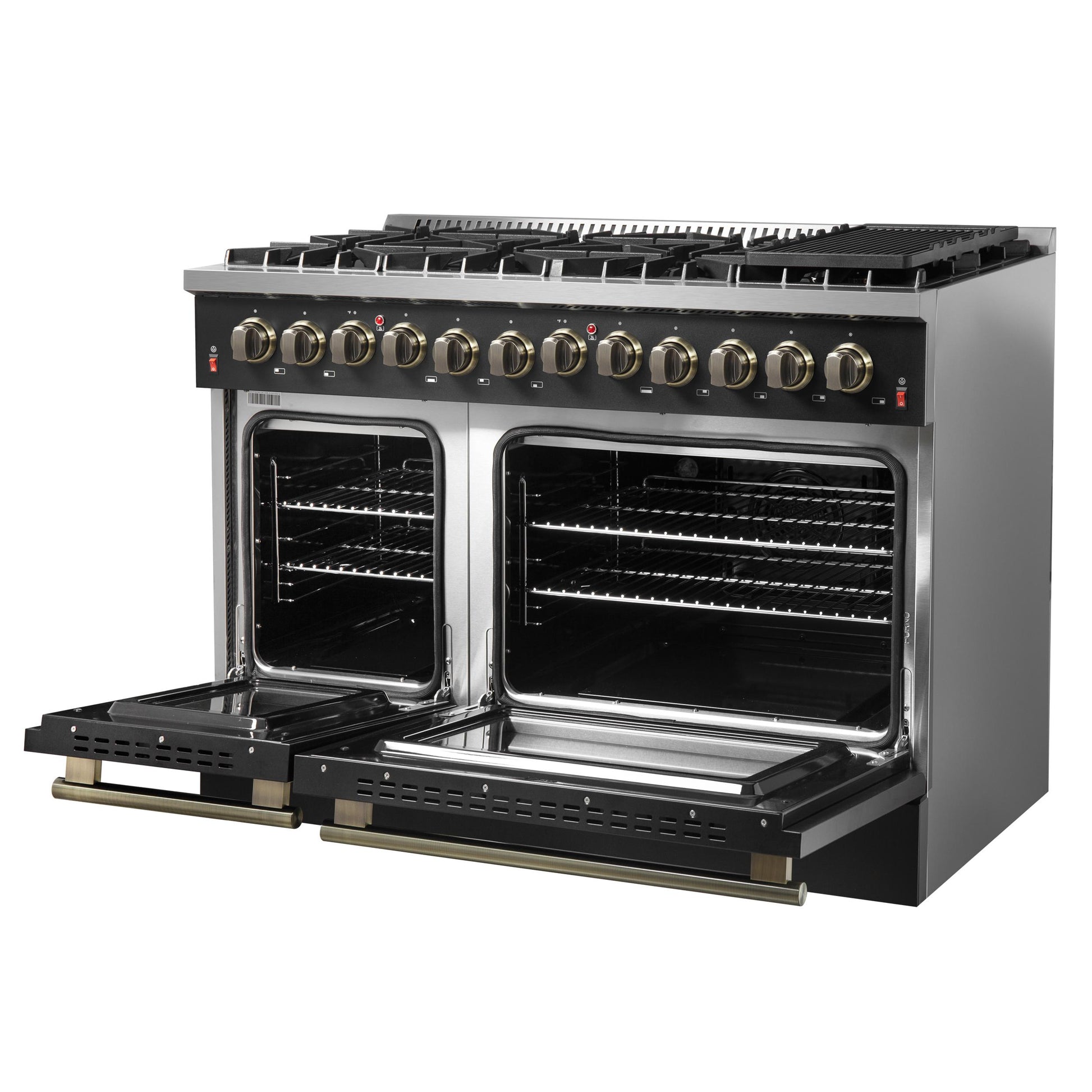 Forno FFSGS615648BLK Galiano 48-Inch Dual Fuel Range Black & Antique Brass Design With 8 Sealed Burners 107,000 Btu, 6.58 Cu. Ft. Double Ovens & Griddle