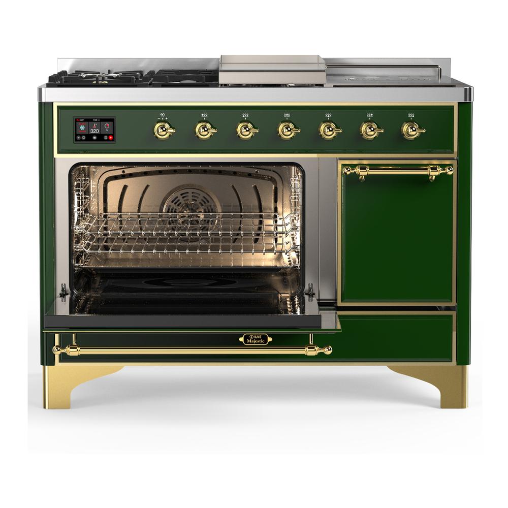 Ilve UM48FSQNR3EGG Ilve Um48Fsqnr3Egg Majestic Iii 48 Inch Dual Fuel Range With 5 Black Brass Burners, Griddle And French Top, Dual Function Burner Up To 25,000 Btu (Natural Gas, Solid Door, Emerald Green, Brass)