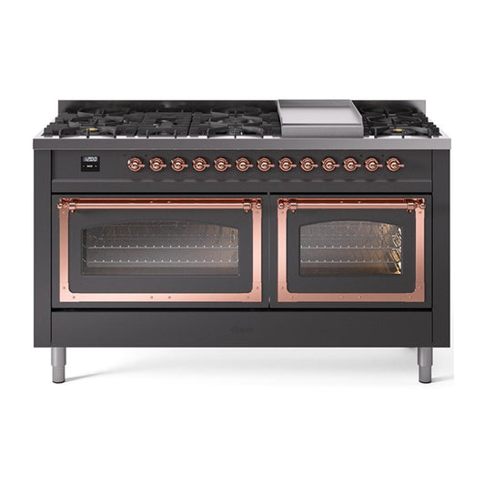 Ilve UN60FNMPMGPLP Ilve Un60Fnmpmgplp Nostalgie Ii Noblesse 60" Dual Fuel Range (9 Sealed Burners + Griddle, Liquid Propane, Triple Glass Door, Graphite Matte, Copper)
